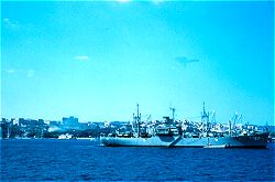 U.S. Navy ships in port; Hilton in background.